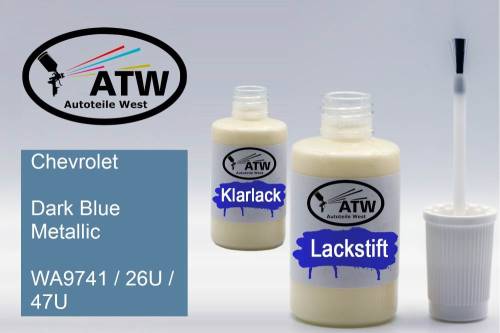 Chevrolet, Dark Blue Metallic, WA9741 / 26U / 47U: 20ml Lackstift + 20ml Klarlack - Set, von ATW Autoteile West.